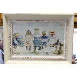A framed glazed watercolour of Edwardian children seated on a bench with dog resting by the side.