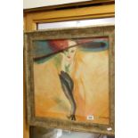 A studio framed oil painting portrait of an art deco lady in soft brimmed hat, signed.