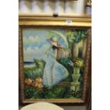 A gilt frame oil painting girl with parasol in an enchanting garden signed.
