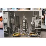 Large Framed Photographic Black and White Picture of New York with Yellow Cabs, 141cms x 101cms