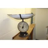 Pair of vintage Household Scales by Salter, with enamel dish, a Wool processes sample board and a