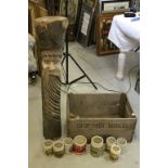Vintage wooden Fruit crate and a collection of vintage stoneware jars plus a carved wooden Post with
