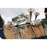 Two white metal trumpet vases, loose flatware, Ronson and Heineken cigarette lighters etc