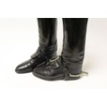Pair of Vintage Black Leather Riding Boots with Wooden Three Section Trees marked L and R plus