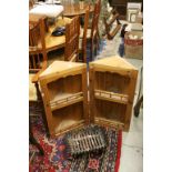 Pair of Pine Hanging Corner Shelves plus a Cast Iron Fire Grate