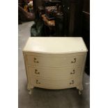 Mid 20th century French Style Bow Fronted Cream Chest of Three Long Drawers