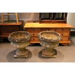 Pair of Sandford Stone Garden Classical Shaped Urns on Plinth Bases