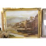 Gilt framed Oil on canvas of a Coastal village scene and signed D Long