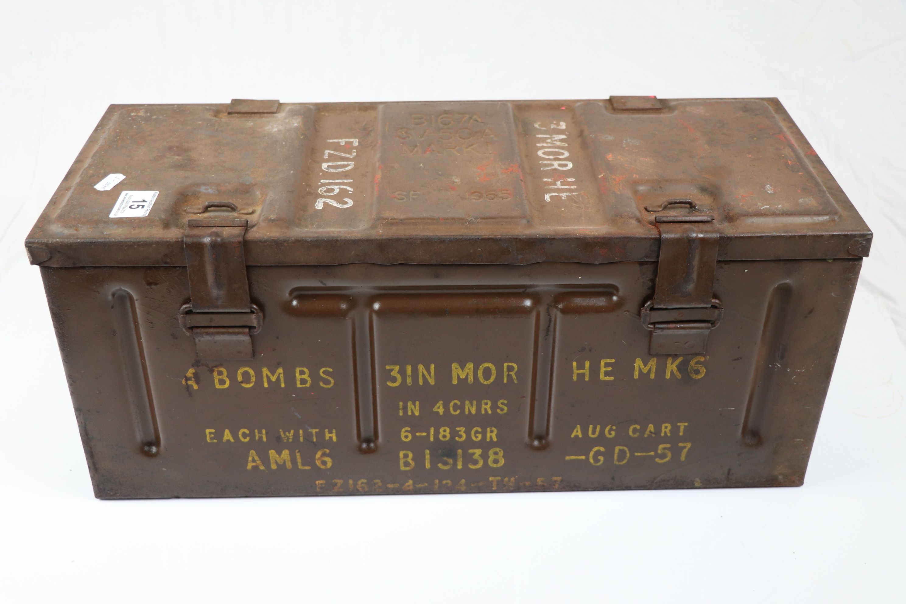 A 1955 Metal Ammo box to hold 4 x 3 inch mortar bombs.