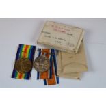 A WW1 full size medal pair issued to : A-257383 A.CPL. A.V. GARNER. A.S.C. In unworn condition