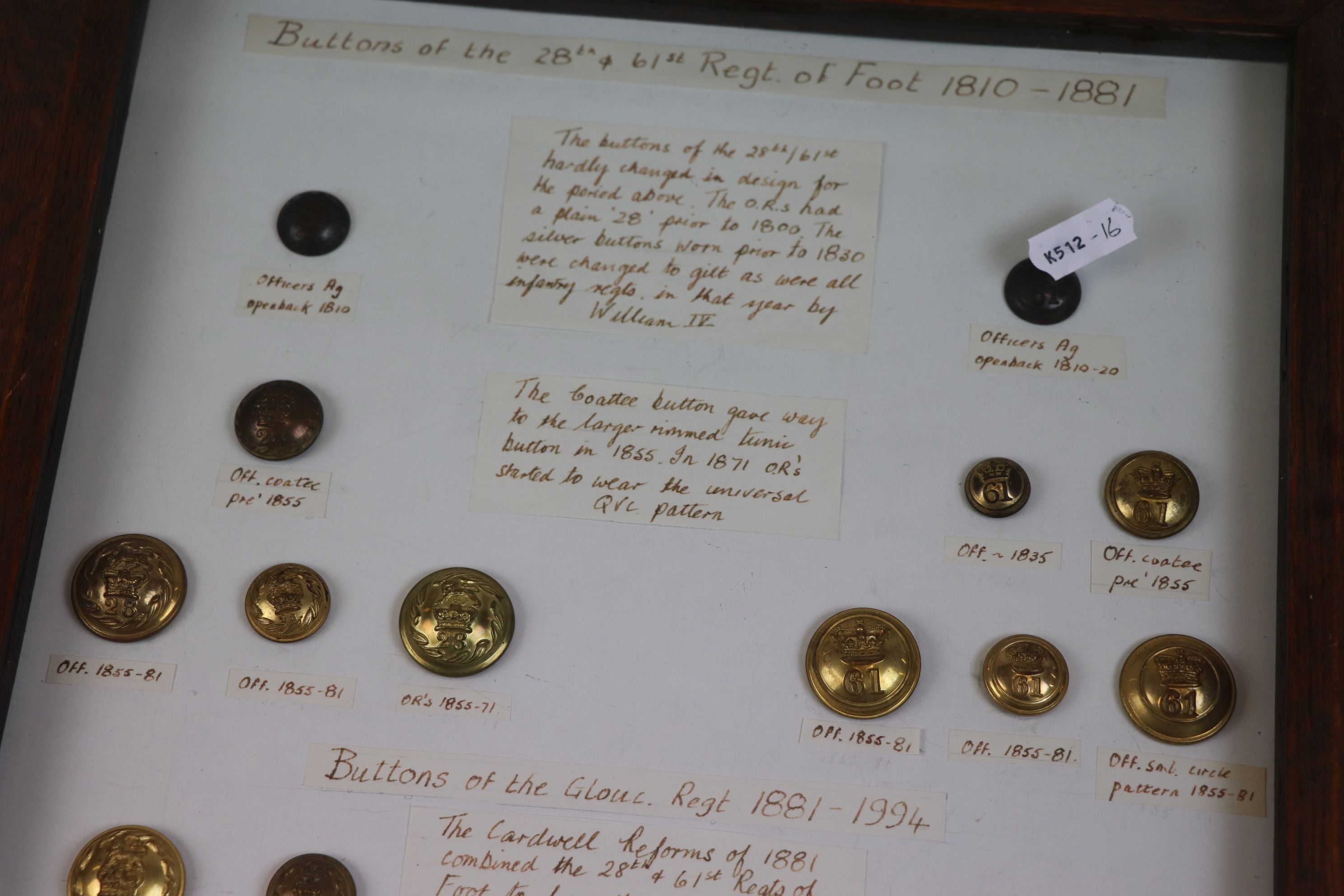 A Framed Collection of Military buttons of the 28th & 61st Regiment of Foot 1810 - 1881 and The - Image 2 of 3