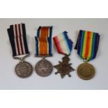 A WW1 full size medal trio and Military medal issued to 12296 L. CPL. T. Matthews 2nd Royal