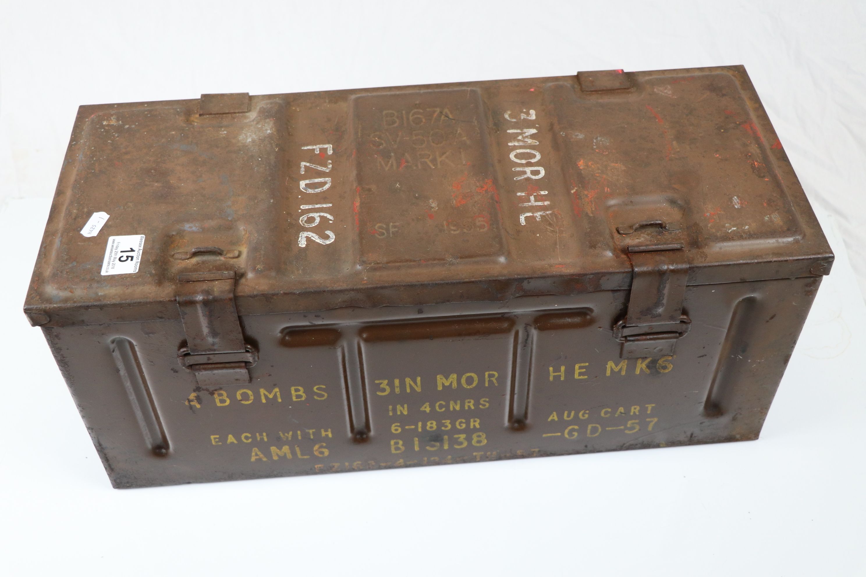 A 1955 Metal Ammo box to hold 4 x 3 inch mortar bombs. - Image 2 of 2