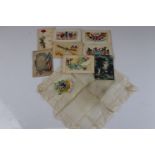 A small collection of WW1 Militaria to include A silk hanky and 9 postcards to inclide silk