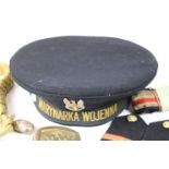 A Collection of Polish Navy Items to include Cap, Buttons, Belt Buckle, Lanyard & Epaulettes.