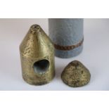 WW1 German 77mm shell & fuse, WW1 cast metal nose cone & bronze extractor nose cone tool.