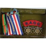 A small collection of Military badges. buttons, medal ribbons, glasses & whistle.