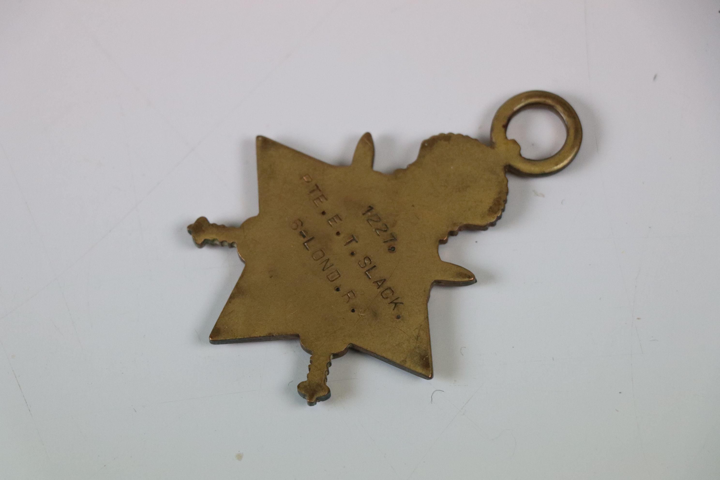 A full size WW1 1914-15 Star issued to : 1227 PTE. E.T. SLACK. 6th London Regiment. - Image 2 of 2