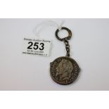 French 5 Franc 1867 coin converted to travel manicure set, on key ring attachment