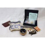 Box of collectables including royal coin set, survival mirror, horn snuff box etc