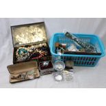 Collectables to include a tin of costume jewellery necklaces, tokens, tea infuser, tie pins,