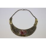 Collar style panel white metal necklace set with hardstone oval cabochon to centre, belcher link
