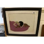 A framed film cell for a children's cartoon of a girl with sleeping dog