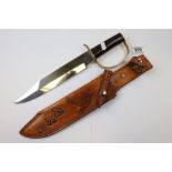Civil War style C.S.A. D-Guard Bowie knift with leather sheath, total length approximately 37cm with