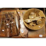 Pair of Wooden Carved Goddess Figures plus a Group of Other Treen Items