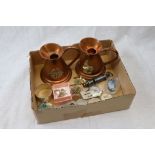 Mixed collectables to include a pair of miniature copper measure jugs with applied brass eagle