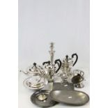 Box of Silver plate and pewter etc to include a Teaset and a candlestick