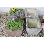 Pair of Reconstituted Stone Brick Effect Square Garden Planters together with another Pair of Square