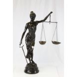 Bronze "Lady Liberty" statue with replacement scales on a carved wooden Oriental stand