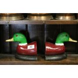 Set of Painted Wooden ' Duck ' Bookends with Glass Eyes