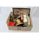 Box of mixed collectables including silver plate, brass bell etc