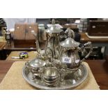 Silver Plate ' Ashberry ' Four Piece Tea / Coffee Service on a Circular Gallery Tray