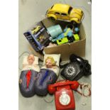 Mixed collectables to include telephones, pair of Spitting Image slippers, Diecast vehicles, Wade