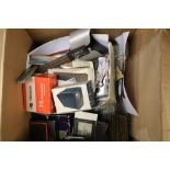 Box of vintage Glass slides, photographs including Military, postcards, Stereocard viewer, fans etc