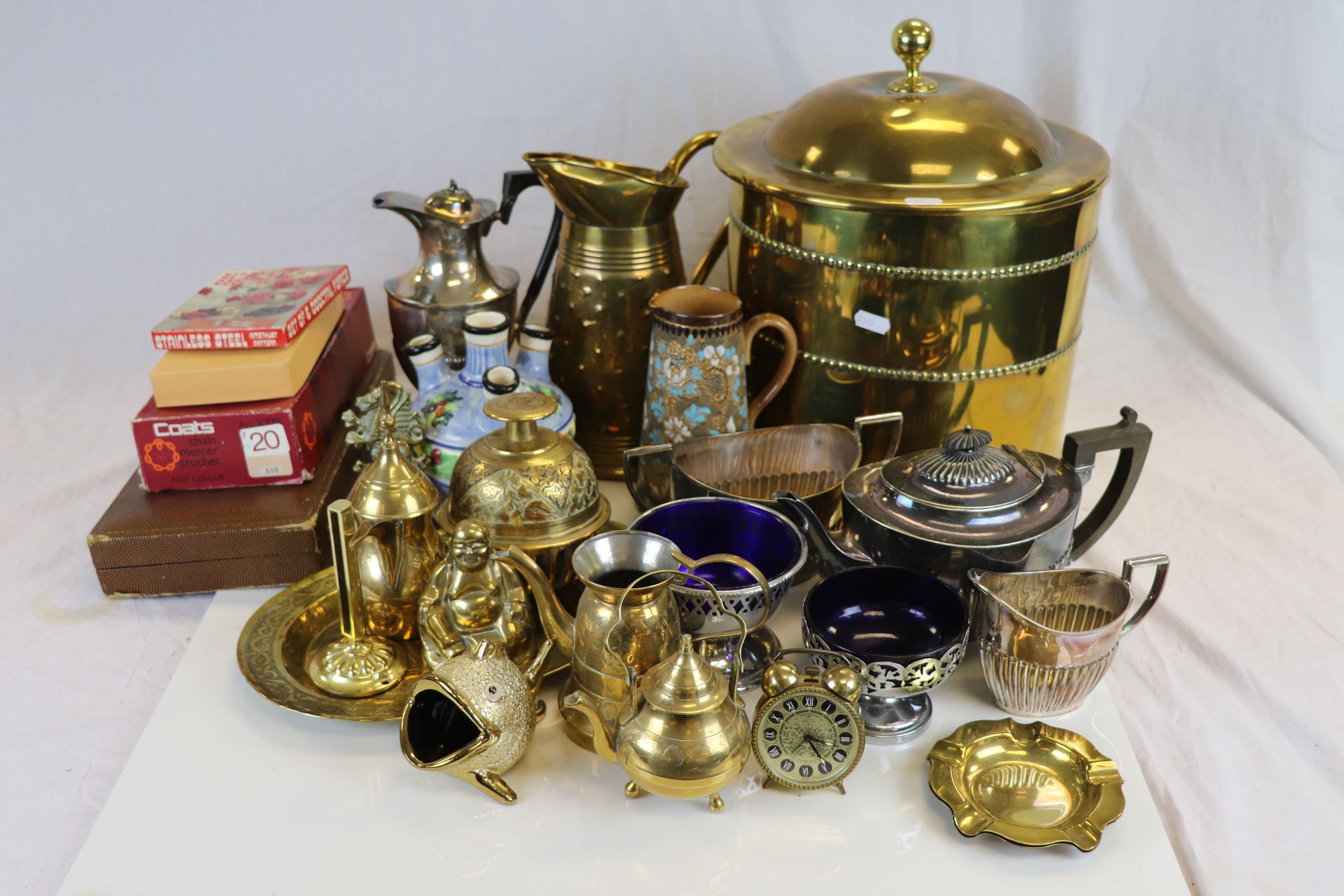 Box of mixed collectables to include a Silver plated Teaset and a Brass coal bucket with lid & liner