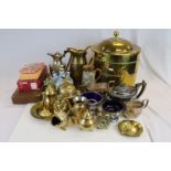 Box of mixed collectables to include a Silver plated Teaset and a Brass coal bucket with lid & liner