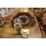 Key wind wooden cased Mantle clock, a glass domed Anniversary clock and a Metamec Carriage clock