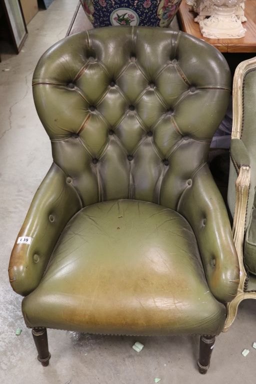 Late 19th century / Early 20th century Green Spoon Button Back Leather Chair with Brass Studs - Image 2 of 3