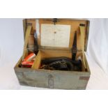 Vintage wooden Military tool chest containing vintage Car parts etc