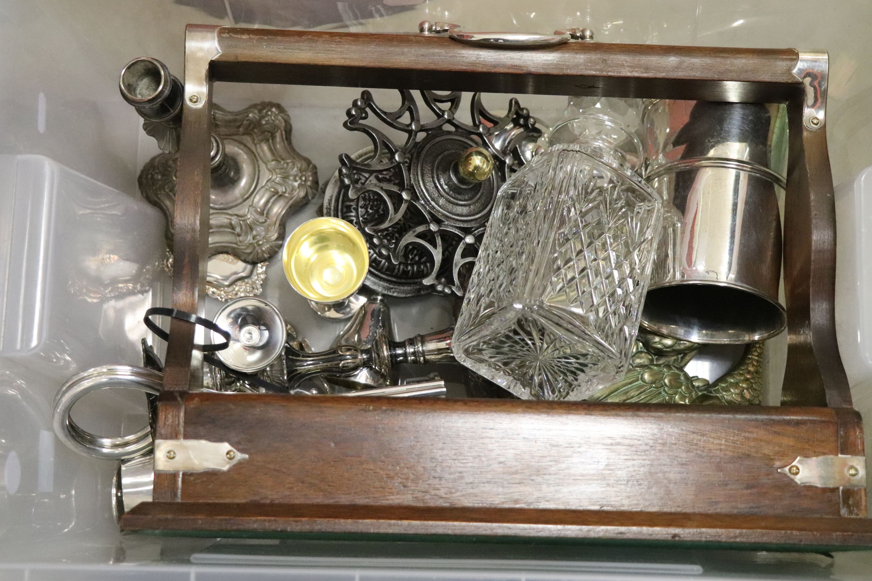 Collection of Metalware including Large 17th century Style Silver Plate Tankard, Three Brass - Image 4 of 4