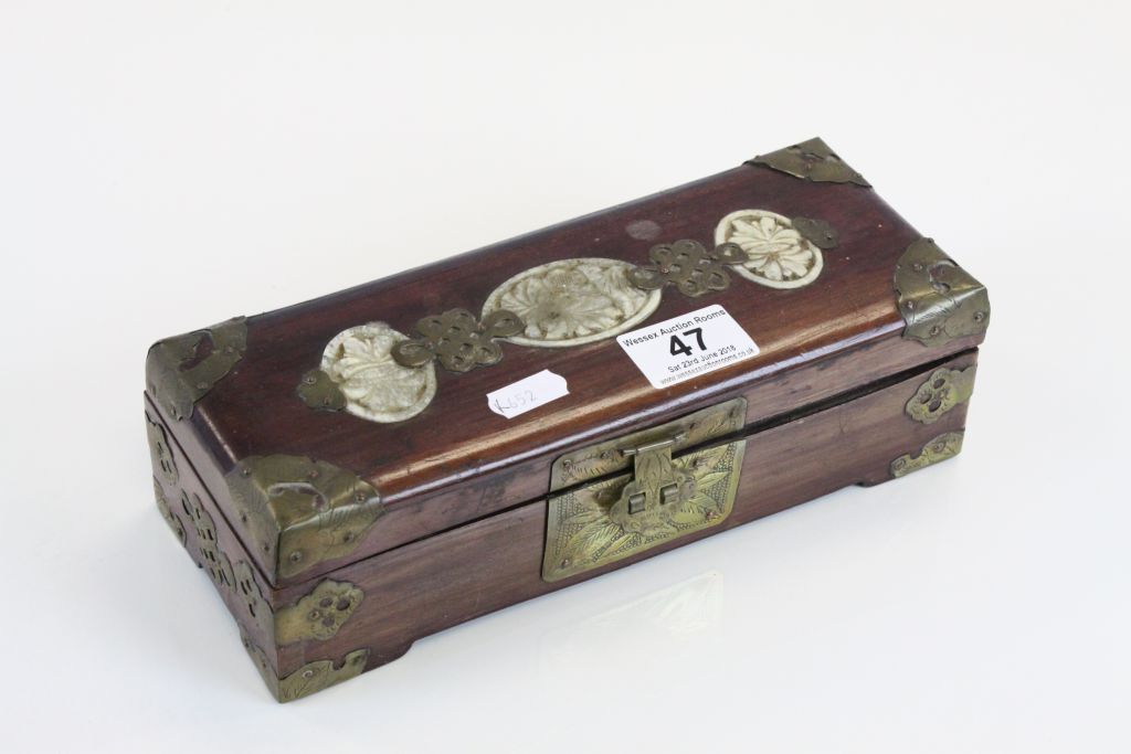 Oriental hardwood box with Brass and Bone detailing, containing a small amount of Costume jewellery