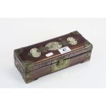 Oriental hardwood box with Brass and Bone detailing, containing a small amount of Costume jewellery