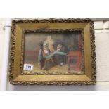 A gilt framed oil painting of monkey characters drinking in a tavern