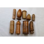 Turned wooden thimble cases, one with painted floral decoration to base, one of lighthouse form, a