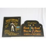 Wooden Advertising sign for Knightsbridge Billiards Saloon with central figure in relief and a