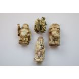 Four oriental resin figurines and figure groups including laughing figure, Chinese dragon, elder and